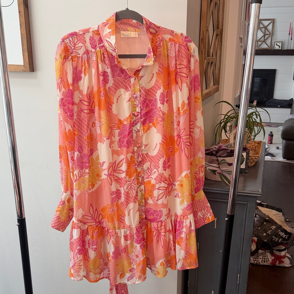 Floral Button Down Dress in Pink / Orange / Cream Medium